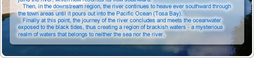 Then, in the downstream region, the river continues to heave ever southward through the town areas until it pours out into the Pacific Ocean (Tosa Bay).
Finally at this point, the journey of the river concludes and meets the oceanwater exposed to the black tides, thus creating a region of brackish waters - a mysterious realm of waters that belongs to neither the sea nor the river.