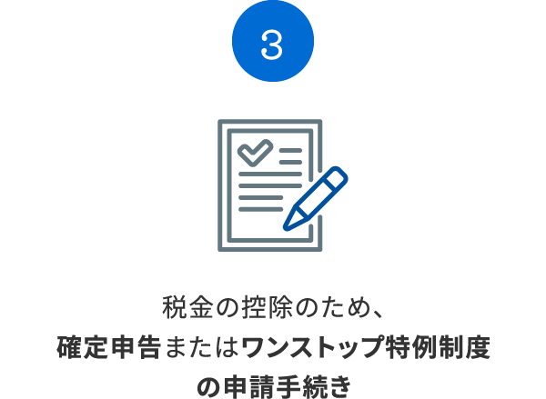 税金の控除のため、確定申告またはワンストップ特例制度の申請手続き